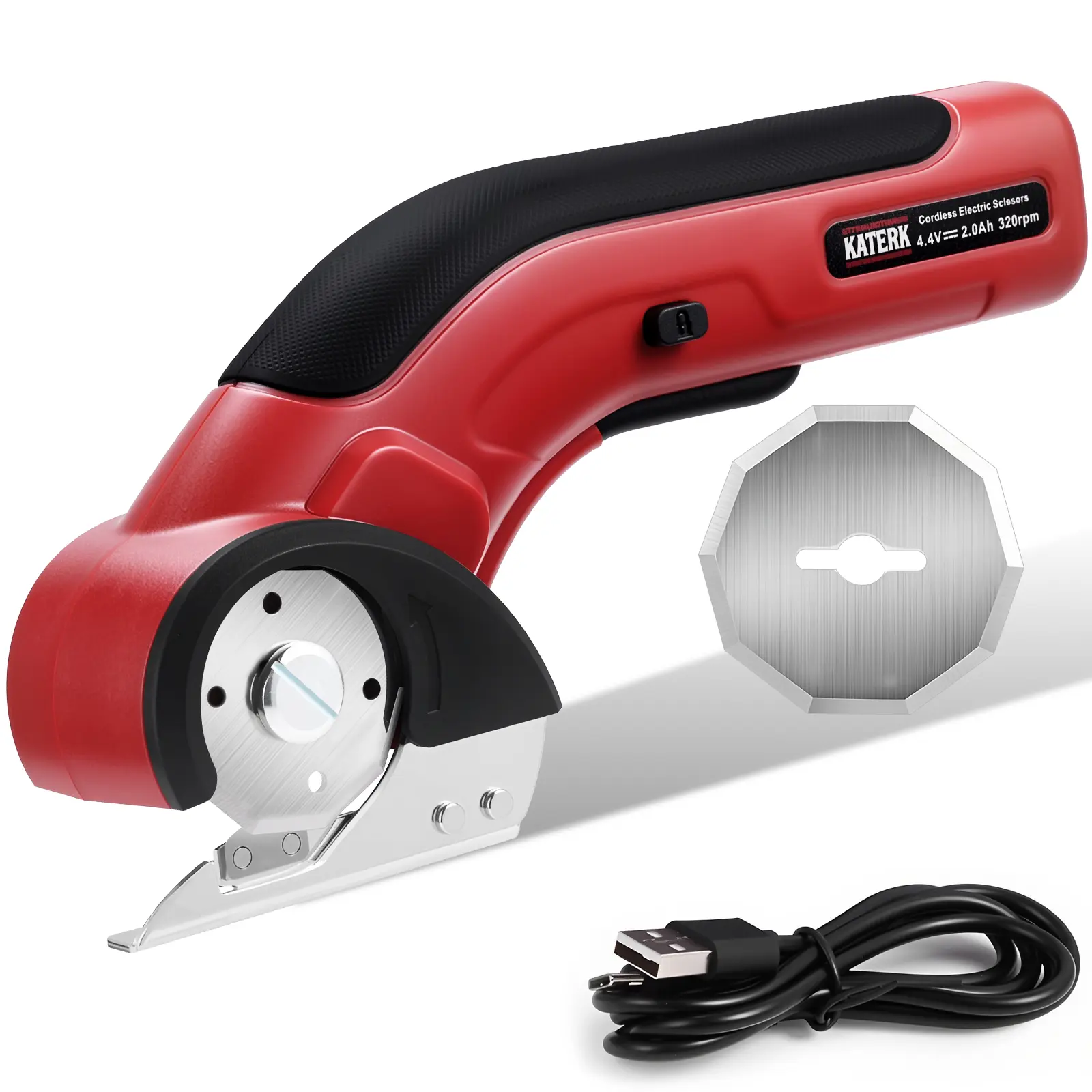 Katerk Portable Cordless 4.4V Electric Scissors - USB Rechargeable Multi-Purpose Locking Fabric Cutter, 2 Self-Sharpening Blades, Safety Design, Plastic, Sewing Tool Kit Accessory for Adults, Unisex, No Manual Sharpening Need