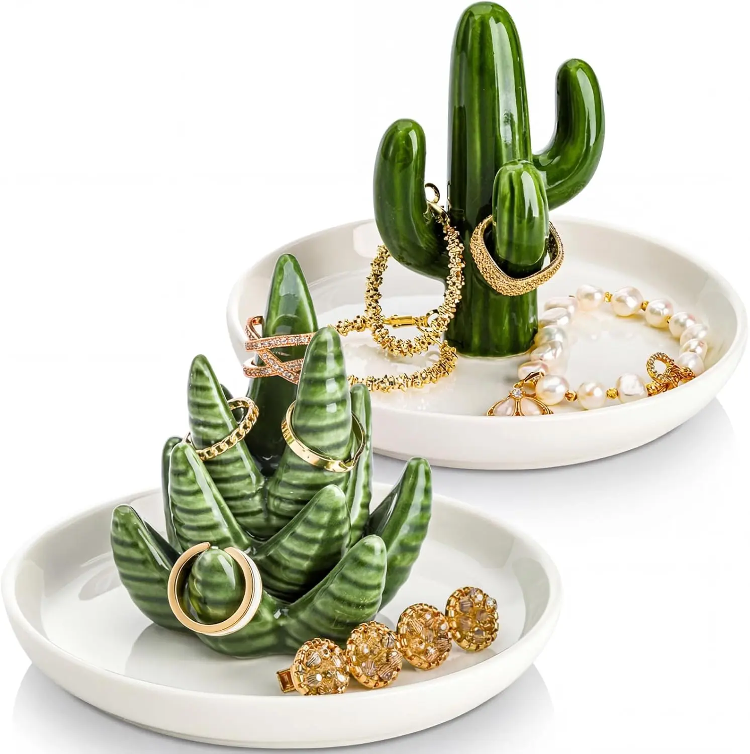 Set of 2 Ceramic Ring Holder Dish, Decorative Round Jewelry Display Trays, Aloe & Cactus Small Trinket Plate for Home, Gift, Mother's Day
