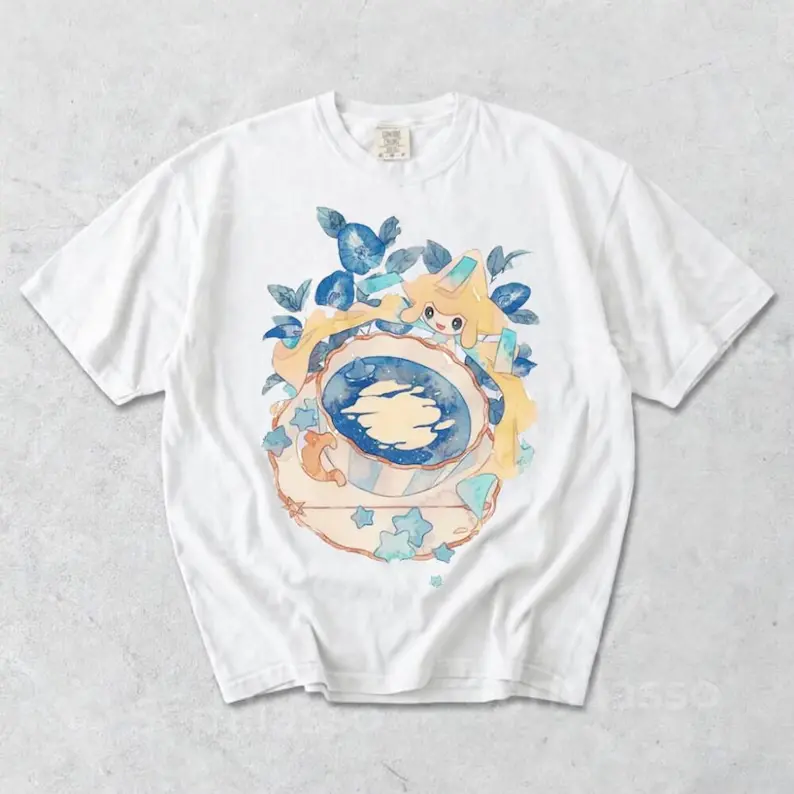 Jirachi Graphic T-Shirt Watercolor Teacup Anime Tee Kawaii Starry Tea Aesthetic Cute Streetwear Merch