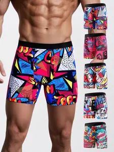 Men's Vibrant Graffiti Style Long Briefs Boxers, Elastic Polyester Blend, Stretchy Underwear, Geometric Pattern, Perfect for Teens, Casual Wear, Print Boxershorts