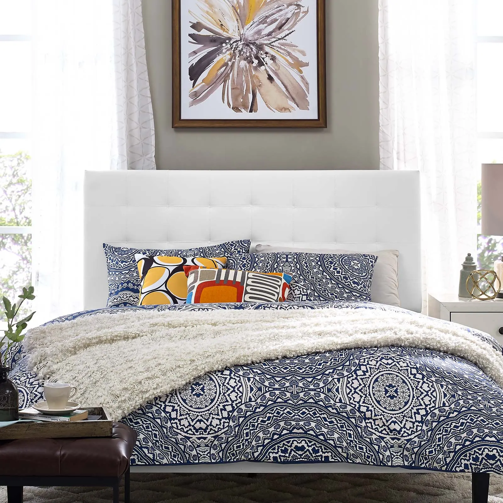 Modway Paisley Tufted Faux Leather Headboard - Upholstered, Fits King & California King Beds, White (Faux Leather Headboards)