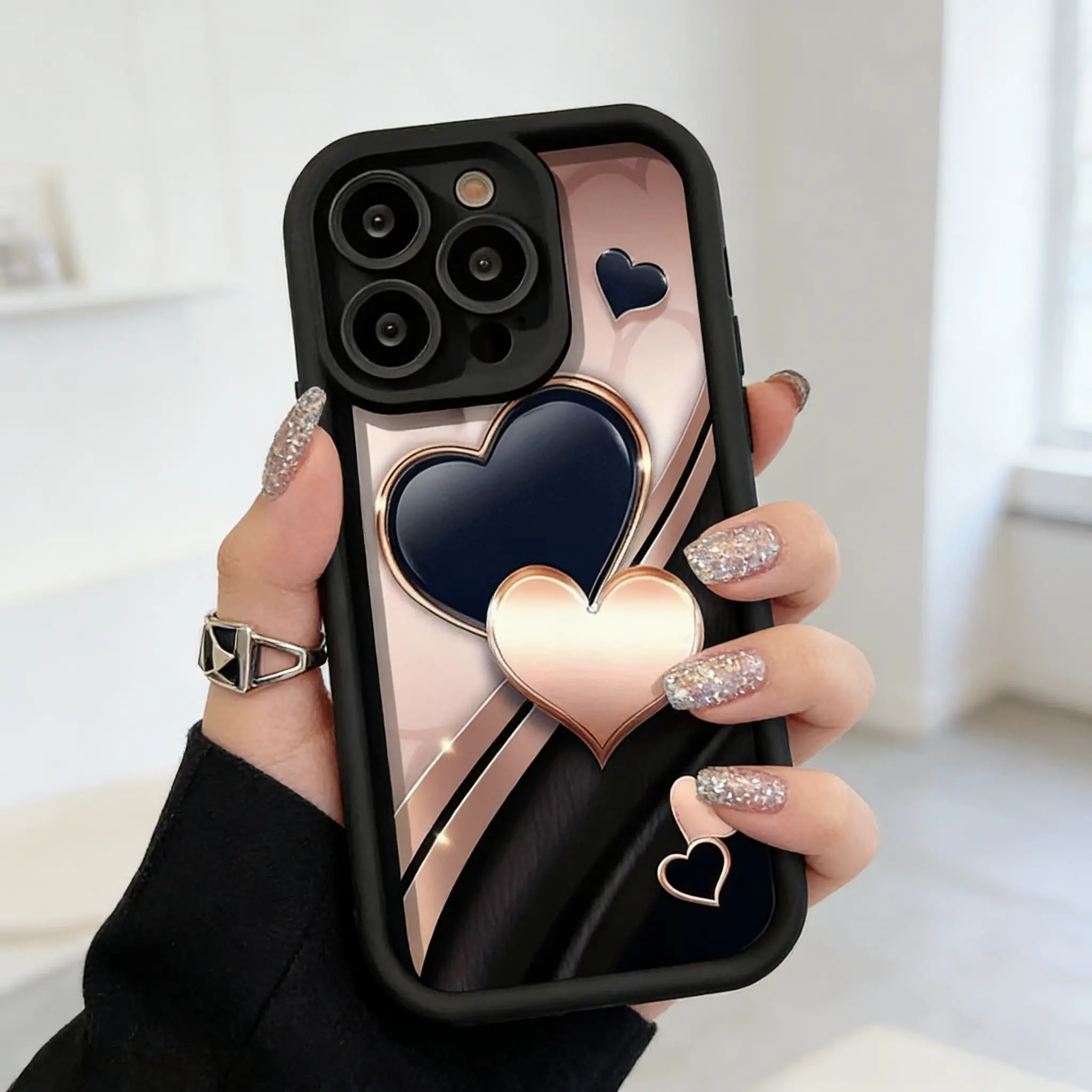 Love-Inspired Silicone Smartphone Case for iPhone 16 Pro Max,15,14,13,12,11 - Shockproof, Anti-Fall, Lightweight, Durable Multi-Model Creative Protection Cover, Cellphone Accessory (Black PLM00300)