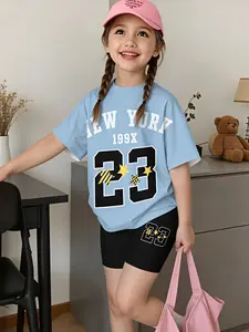 Retro Street Style Kids' School & Outdoor Outfits: Girls' “New York 23” Number Print Two-Piece Set, Stretchable, Cool Casual T-Shirt & Shorts Set