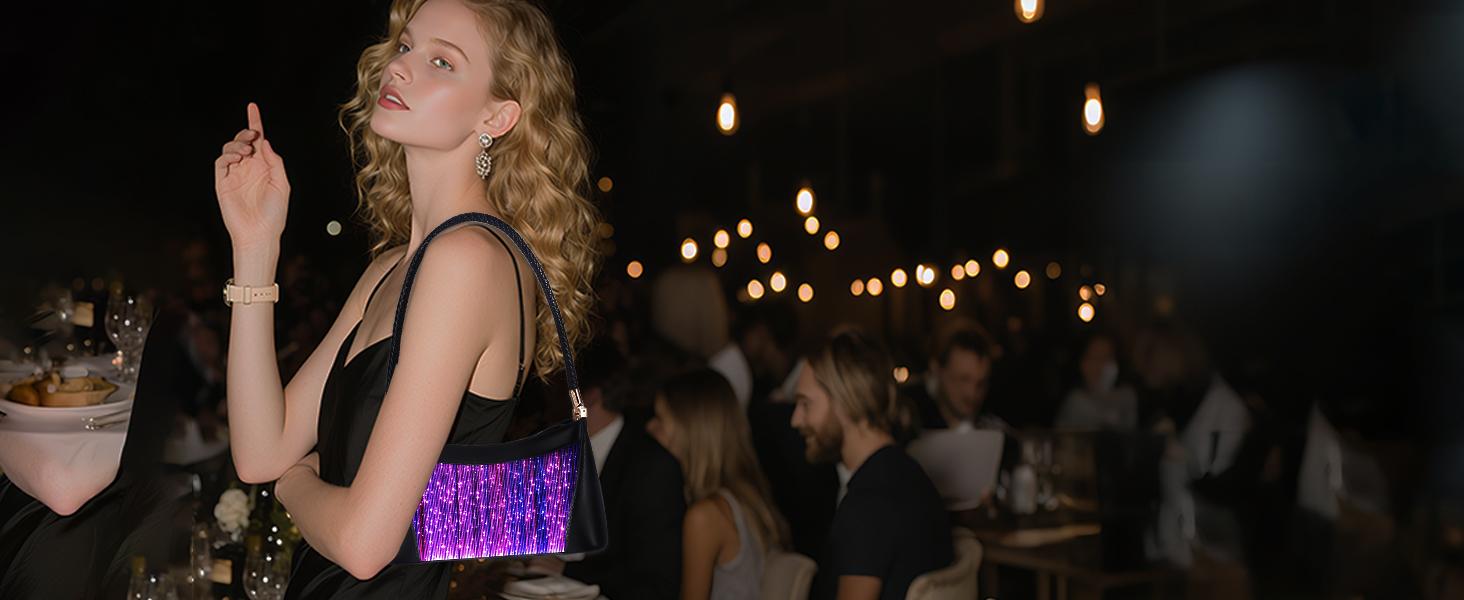 LUMISONATA Light Up Shoulder Bag for Women, LED Fiber Optic Crossbody Purse with seven Colors & four Modes, Glow in The Dark Party Handbag for Club Rave Festival