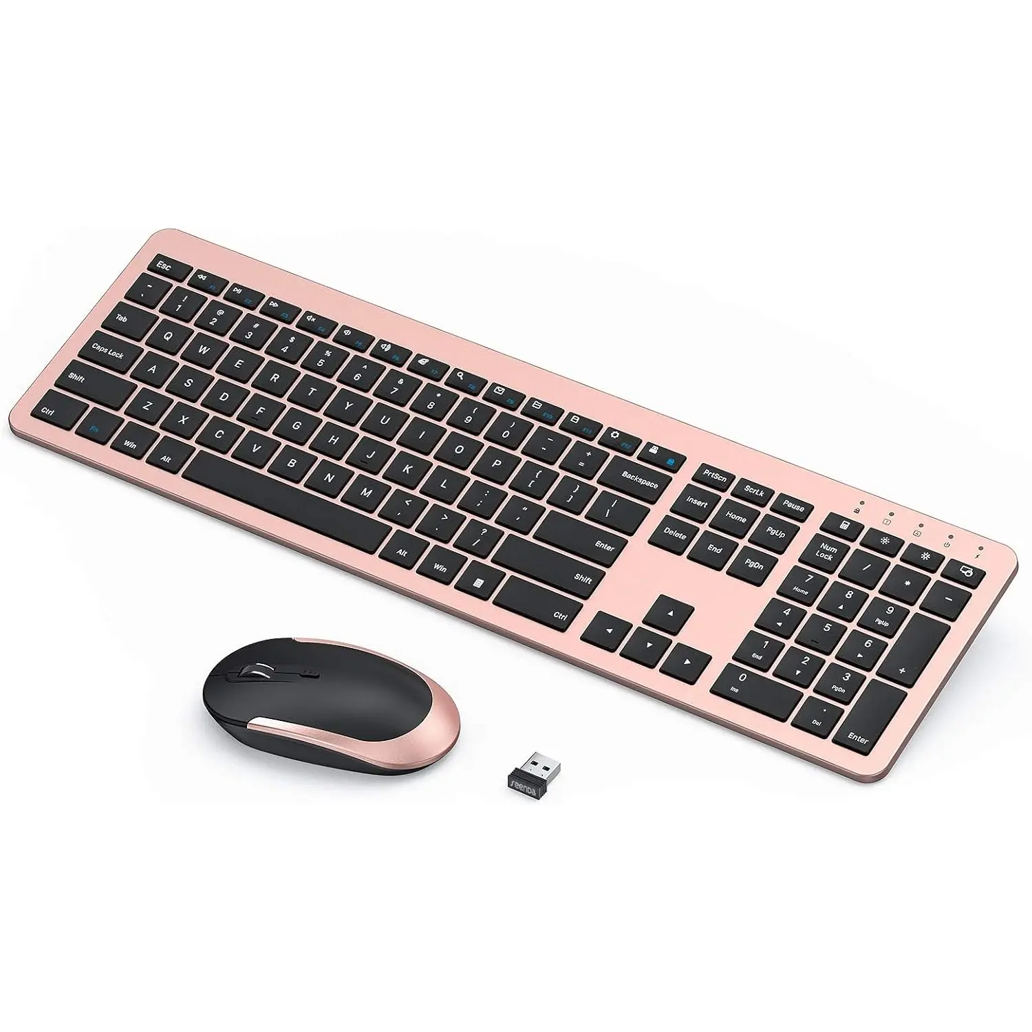 Seenda Rechargeable Quiet Wireless Keyboard & Mouse Combo - Minimalist Decluttering Modern Thin Profile Full-Size Keyboard with Number Pad, Auto Sleep, DPI Adjustable, External USB for Windows Laptops, PCs (Rose Gold & Black)