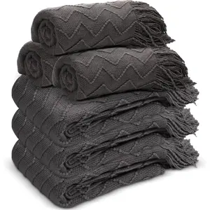 6 Pack Boho Knitted Throw Blankets with Tassels 50x60 Soft Warm Throws Bulk for Wedding Guests Housewarming Employee Teacher Appreciation Gifts Cozy Farmhouse  Decor (Dark Gray)