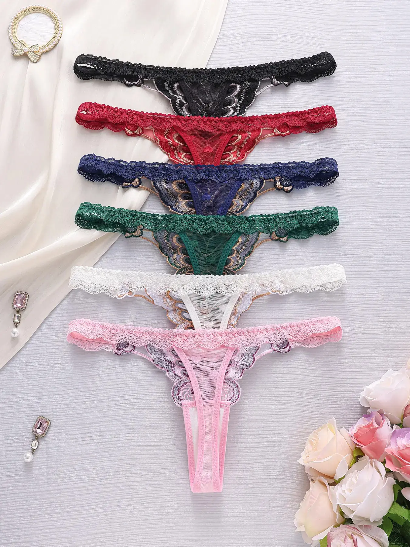 6 Pack Women Butterfly Print Drop Waist Thongs Soft Comfort Fitted Sexy Intimates Stylish Daily Lingerie Trendy Wardrobe Staple Accessory For Casual Daily Date Night Summer Outfits Birthday Gift