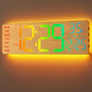EASYERA 16.5" Large Wood Grain Digital Wall Clock with Remote Control RGB Atmosphere Lights 11 Scenes Dual Alarms LED Display for Livingroom Classroom, Office, Game, Craft Room, Game-Changer for Seniors & Elderly, Grey & Kids