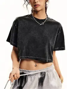 Women's Vintage Crop Top Short Sleeve, Summer Casual Round Neck Loose Fit Shirt, Suitable for Daily Commute, Leisure, and Fitness