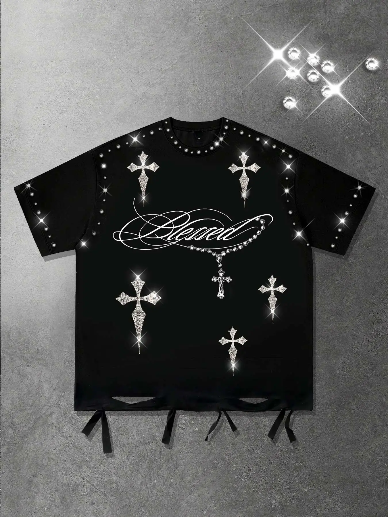 Blessed Graphic slogan black short sleeved Y2K cross short sleeved men's T-shirt with holes, cotton containing T-shirt, unisex Casual Fashion Streetwear European and American street trend short sleeved cross sparkling diamond Casual Graphic Top
