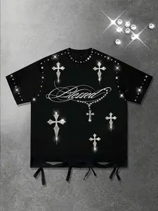 Blessed slogan black short sleeved Y2K cross short sleeved men's T-shirt with holes, cotton containing T-shirt, unisex Streetwear European and American street trend short sleeved cross sparkling diamond