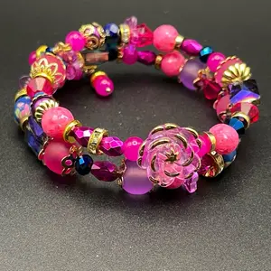 Pink and Purple Passion Memory Wire Bracelet with Colorful Beads and Gold Accents