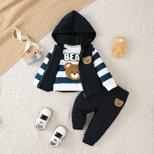 3Pcs Toddler Boy Winter Outfit Long Sleeve Crew Neck Bear Embroidery Sweatshirt Jogger Pants and Vest Coat