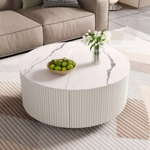 Bellemave Modern Round Movable Coffee Table - Modern Furniture with Casters, 2 Drawers, Marble Pattern Sintered Stone Top, 29.5"