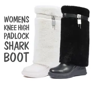 Womens Knee High Padlock Shark Boot Wedge Heels Rounded Toe Faux Fur Snow Boots Pull On Comfy Working Party Casual Outing Fall Winter Shoes