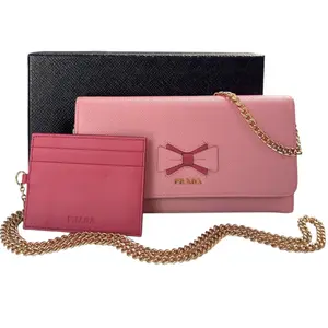 Pre-owned PRADA Leather Crossbody Bags Petalo Peonia Saffiano Wallet/Card Holder with Chain