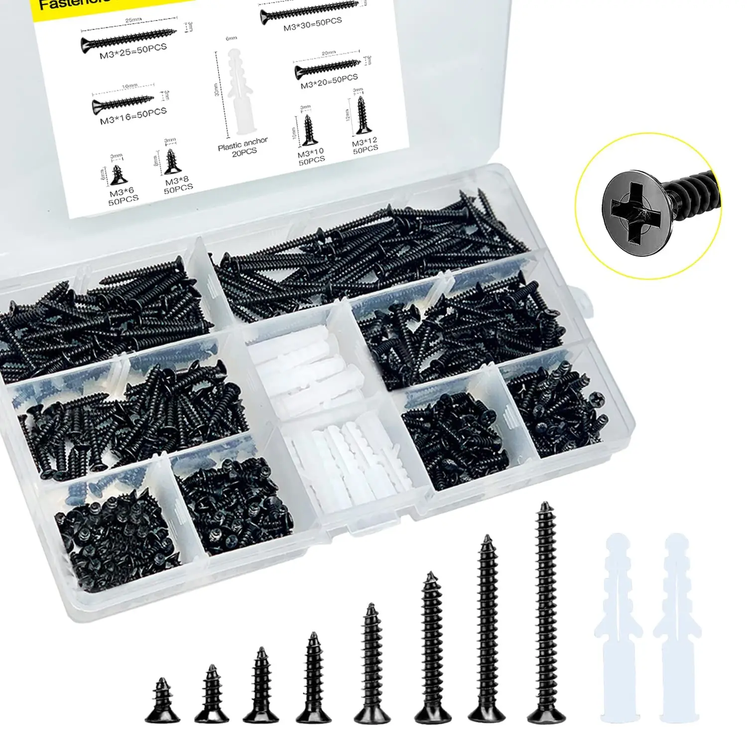 M3 Assortment Kit,  Flat  Screws Set, Short Cabinet Screws,Small Screws Fasteners, 400 count Screws and 20 count Screw Anchors
