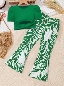 Girl's Short Sleeve Top & Flare Leg Pants Two-Piece Set, Casual Outfit Set, Casual Fashion Cozy Girl's Clothing Set for Daily Outdoor Wear, Kids Clothes for Summer