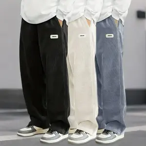 Men's Loose-Fit Drawstring Waist Fashion Flannel Straight Leg Pants, Simple and Elegant Style, Comfortable Knitted Fabric for Spring & Fall