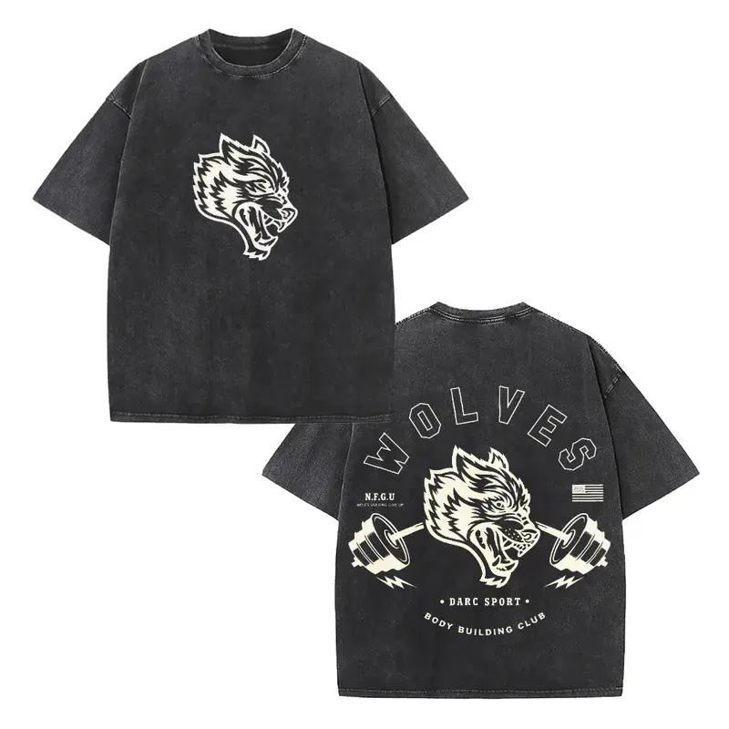 Darc Sport Wolves Bodybuilding Club Vintage Washed Oversized Tee Heavyweight Cotton California Gym Apparel Loose Breathable Street Style Top for Weightlifting Workout Fitness Daily Casual Wear