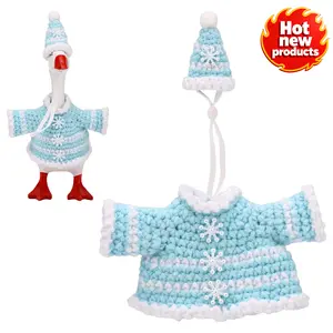 Winter 7in Mini Desk Goose Outfits Snowflake Knitted Goose Clothes & Hat for Desktop Magnetic Geese Key Holder Christmas Holiday Small Statue Decor