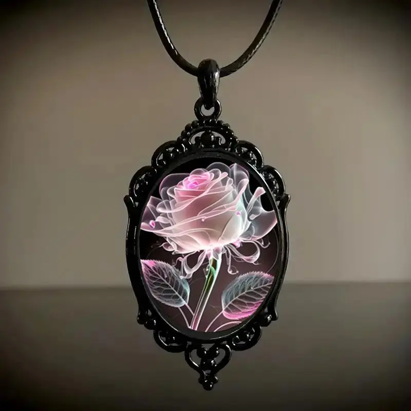 Elegant Rose Design Pendant Necklace with Intricate Black Frame and Pink Floral Motif for Stylish Wear