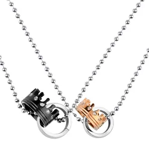 Unisex Vintage Romance Couples Necklace - Elegant Synthetic Zircon Crown Pendant, Stainless Steel Fashion Jewelry Gift for Anniversary, Valentine's Day