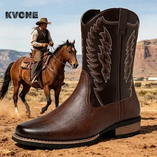 KVONE-Versatile Western Boots for Men,comfortable security footwear,Square Toe Slip-on Chelsea Ankle Boots, making it convenient to put on,British Retro Work Boots,available in brown and black; outdoor casual closed-toe style