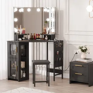 Gorgeous Tigerwood Corner Makeup Vanity Desk with Adjustable 3-Mode LED Lighted Mirror, Built-in Power Outlet, Spacious Storage Cabinet & Matching Stool, Ideal Dressing Table for Bedroom & Studio