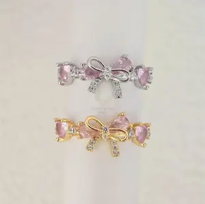 Moñito Rosa Anillo Abierto Oro Laminado 18K / Cute Bow Knot Copper 18K Gold Plated Plating Open Rings with Pink Gemstones