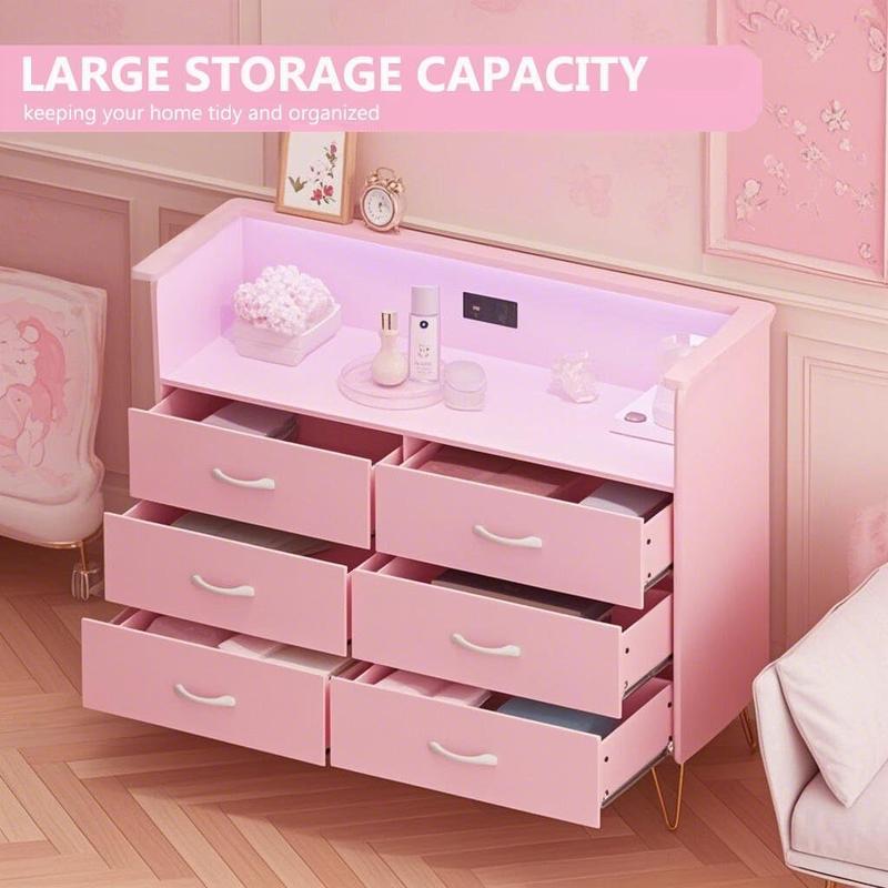 6 Drawers Dresser for Bedroom with Power Outlet & LED Light Wooden Dresser with Open Storage, Wide TV Stand Organizer for Bedroom, Living Room, Entryway, Hallway
