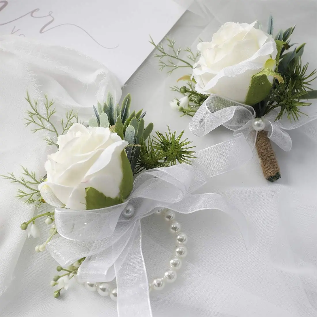 Ivory Rose Wrist Corsage Wristlet Band Bracelet and Men Boutonniere Set for White Wedding Flower Accessories Prom Suit Decorations