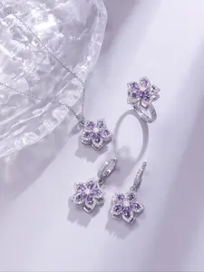 Crystal Flower Rotating Jewelry Set, Silver Color Crystal + Full Diamond Design, Pendant Ring Earrings, Elegant Gift for Women
