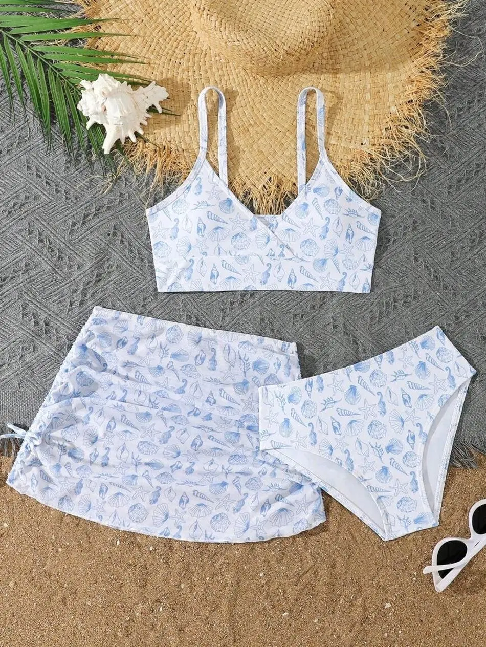 Tween Girl Floral Bikini Set With Drawstring Skirt, Cute Summer Beach Vacation Swimming Bathing Suit