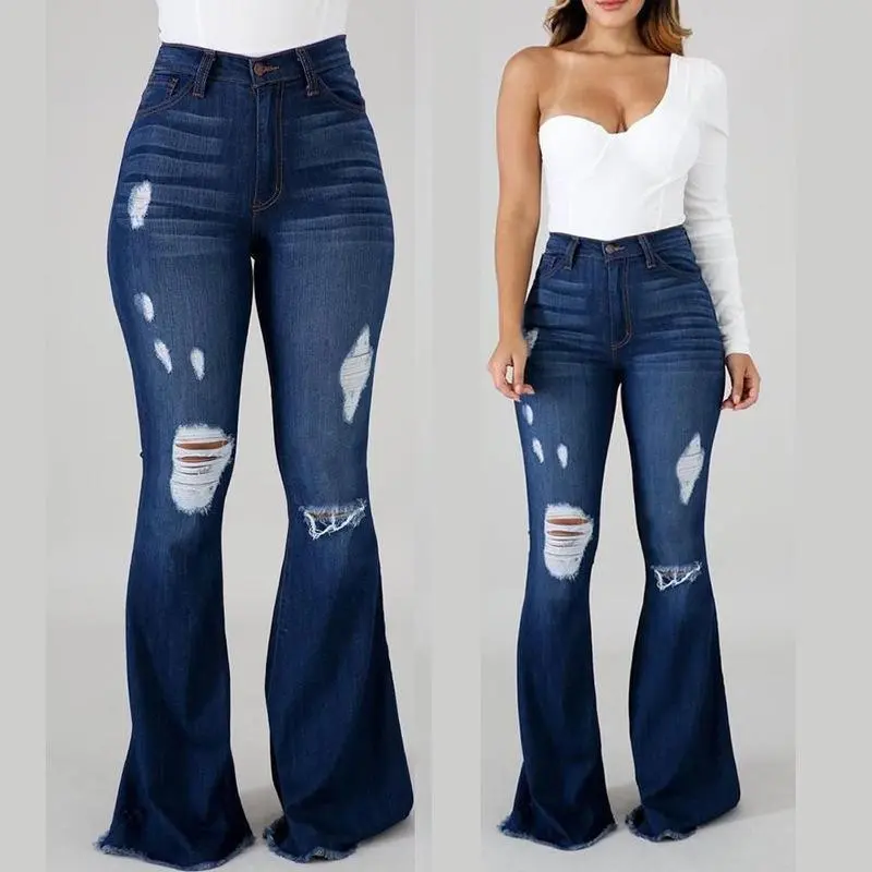 jeans, womens jeans Large Stock, Prompt Delivery European and American Internet Celebrity High Elastic Ripped Jeans High Waist Flared Long Pants Clearance Sale