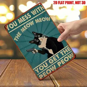 SHEIN Funny Metal Cat Sign Wall Decor with 'Mess Meow Get Peow' Humorous Quote, Vintage Tin Art Plaque for Cat Lovers Home Bar G