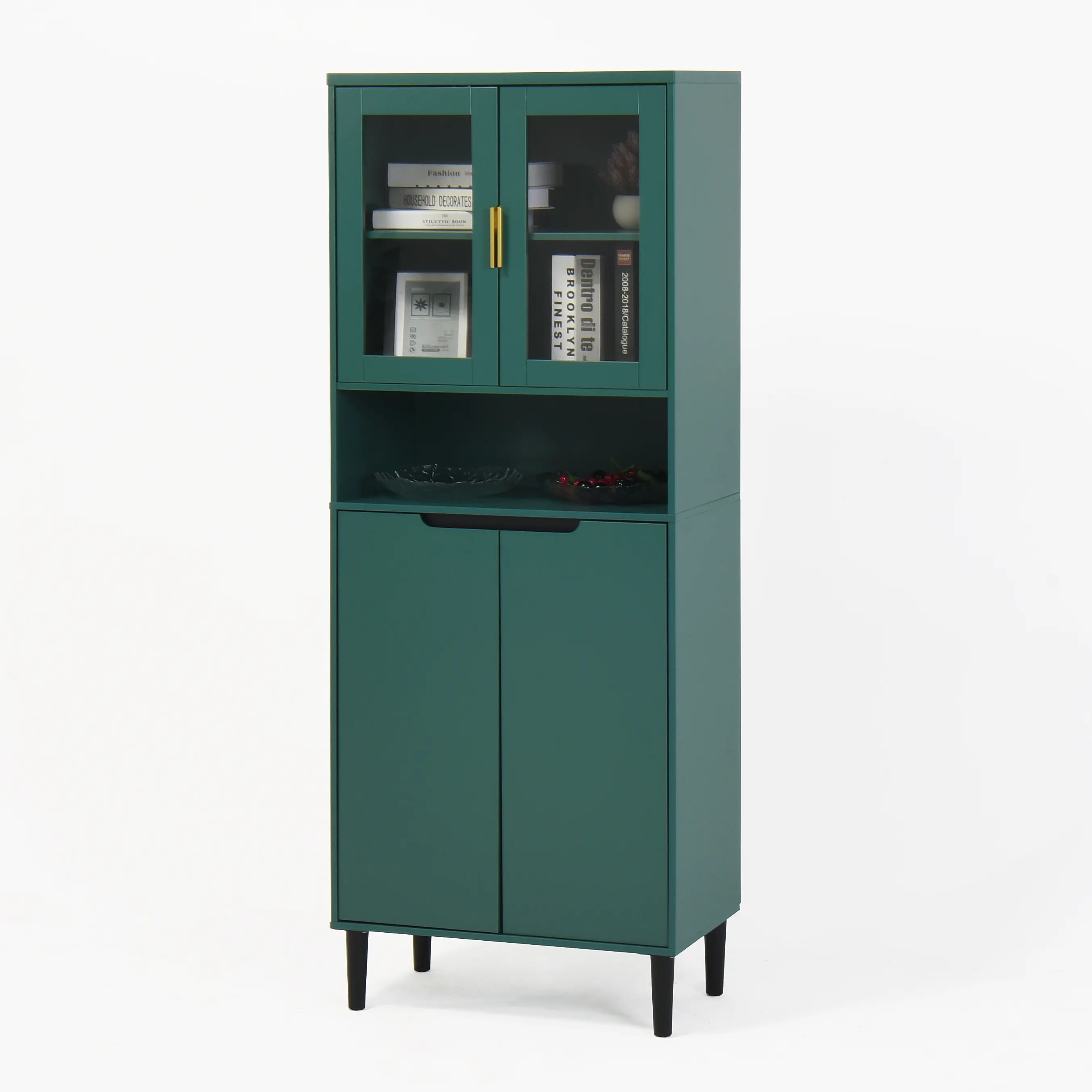Dreamzon furniture Tall Storage Show Cabinet with 2 Glass Display Door & 2 Doors, Tall Kitchen Pantry Cabinet with Gold Handles, Modern Cabinet Freestanding for Bathroom, Dining Living Room, Green