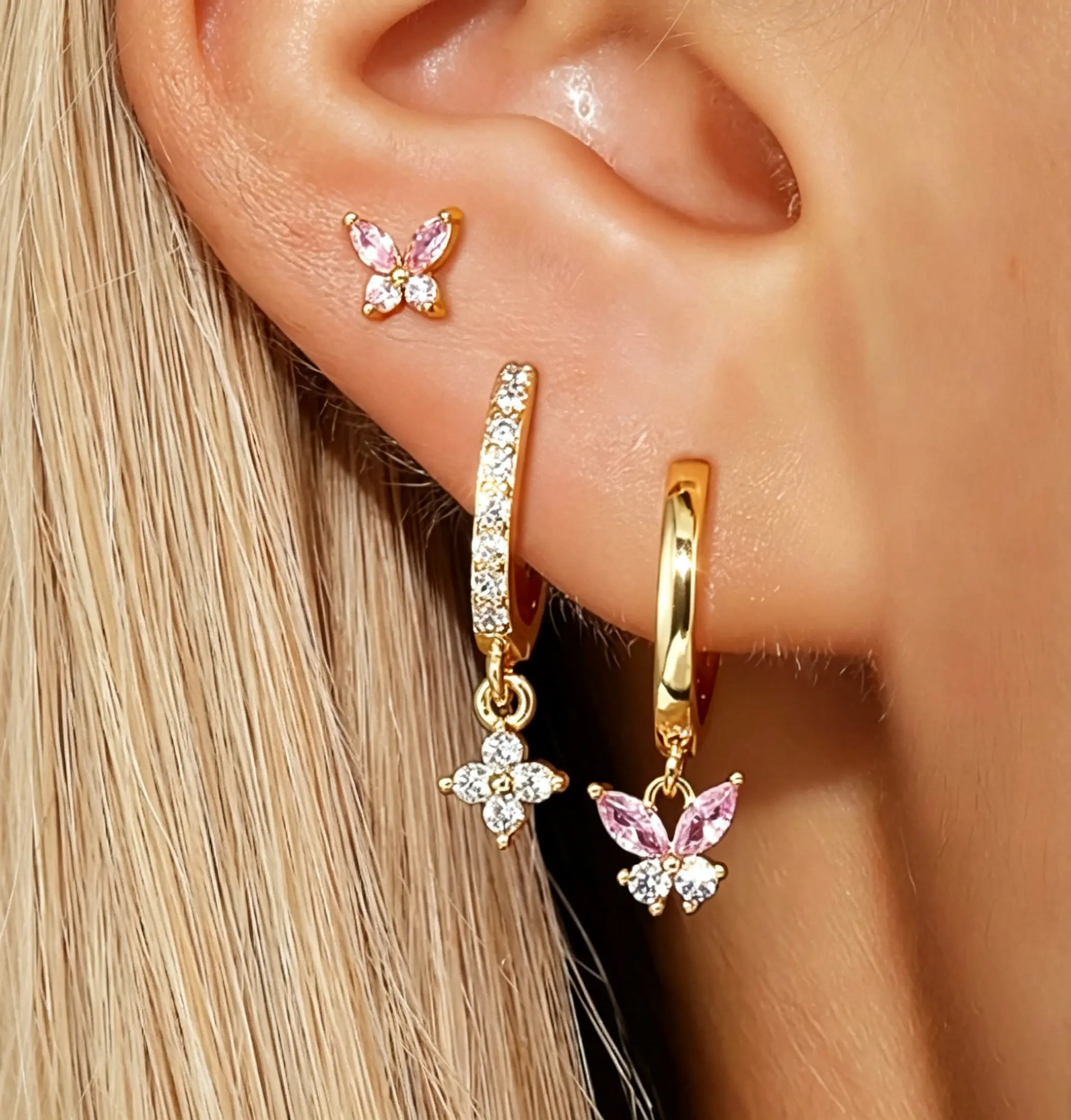 3 Pairs Copper Base Cubic Zirconia Earring Set, Dainty Pink Butterfly, Stackable Piercing Jewelry for Earlobe Cartilage for Women Girls Daily Party Gift