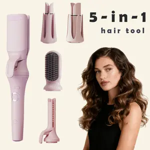 5 in 1 Automatic Curling Iron Pink Hair Tool with 28mm & 32mm Curling Wands Straightening Comb Crimping Iron & Beach Wave Water Waver for Styling