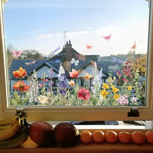 Spring Colorful Floral Butterfly Sticker, 15x40cm Static Window Decal, Glass Decoration, Double-Sided Visible, Flat Sticker Type