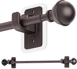 No Drill Curtain Rods for Window 28 to 47 Inches, 5/8 Inch Diameter Renter Friendly Drapery Rod with Adhesive Brackets without Drilling, Adjustable from 27 to 52 Inches, Bronze