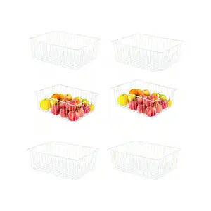 16" L X 12" W Wider Freezer Storage Organizer Baskets Container, Deep Metal Wire Chest Upright Refrigerator Divider Bins With Built-In Handles For Cabinet, Pantry, Closet, Kitchen, Pearl White