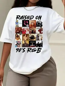 "Raised on 90s R&B" Nostalgic Music Album Cover Graphic T-Shirt, Soft Cotton Oversized Crewneck Tee for Y2K Streetwear, Concert Outfits, Hip Hop & R&B Fans, Retro Music Lover Casual Top, Vintage 90s Vibes S6I