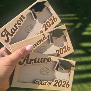 Engraved wooden Graduation Gift Money Holder with Engraved name and year, acrylic graduation cap and personal message engraved on the back