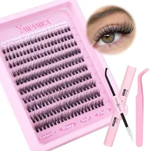 Yawamica Natural Lash Clusters Kit Wispy Fluffy Eyelash Extension Kit CC Curl Eyelash Clusters 10-14mm Individual Lashes with Waterproof Lash Bond and Seal and Lash Tweezers DIY Lash Extension Kit
