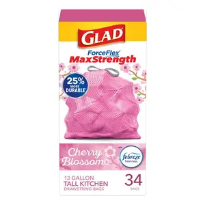 13 Gal. ForceFlex MaxStrength Tall Kitchen Drawstring Cherry Blossom with Febreze Pink Trash Bags 34-Count
