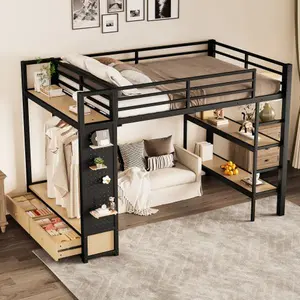 Bellemave   Loft Bed Frame with Wardrobe,Metal Loft Bed with Storage Shelves and Pegboard,This Metal Loft Bed has an Open Wardrobe with its own hanging rod and two bottom drawers for storage.