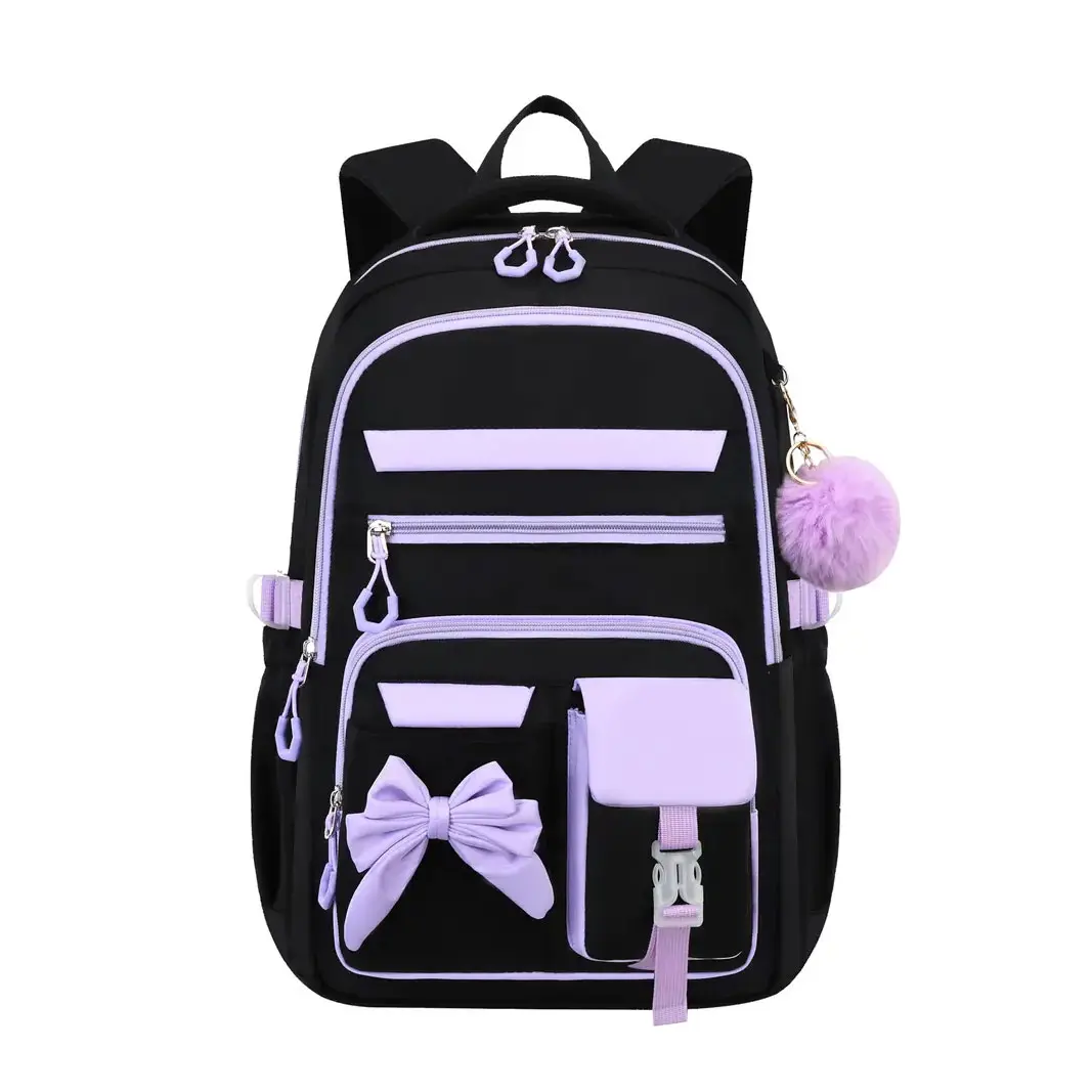 Nylon Casual Backpack for Teens with Bow Decor, Durable Daypack Featuring Adjustable Shoulder Straps & Smooth Zippers, Ideal for Outdoor Trips & Travel