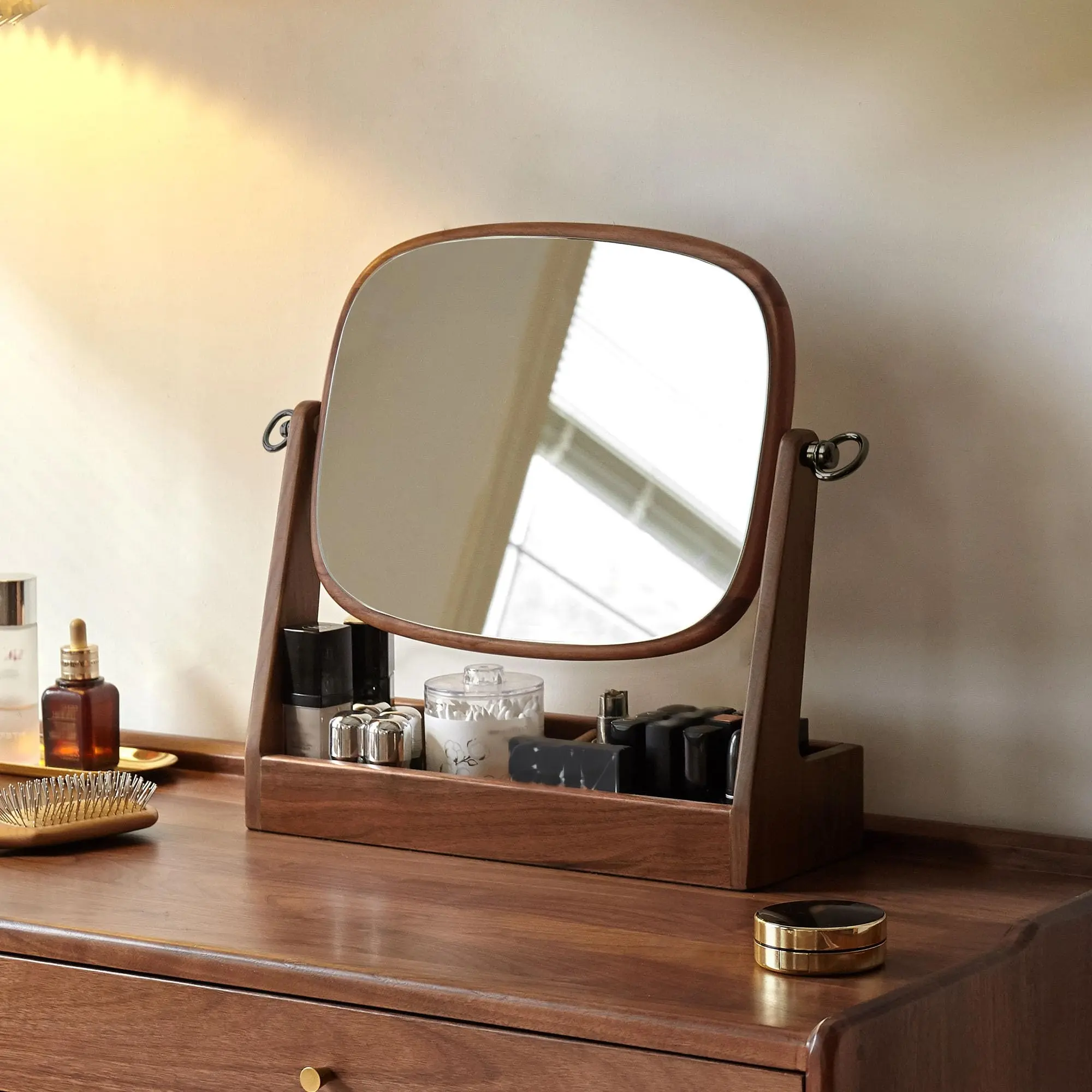 YESWOOD Vanity Makeup Mirror Tabletop with North America Black Walnut Stand, 360 Degree Swivel Magnifying Mirror with Storage for Bathroom or Bedroom, 16inch