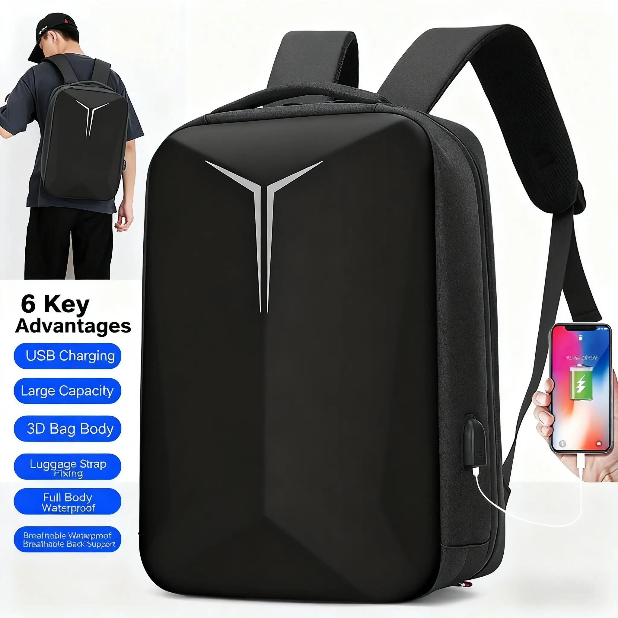 Hard Shell Gaming Backpack for Men, Multifunctional Anti-Theft Work Bag with USB Charging Port for Travel, Fits 15.6 Inch Laptop, Multifunctional Work Bag, Tech Work Bag
